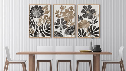 Large Framed Canvas Wall Art - Natural Float Framed Rustic Black Flowers Leaves Pictures Decor Brown Floral Foliage Artwork for Bedroom Living Room Kitchen Home Office Decoration 72" X 36" Set of 3