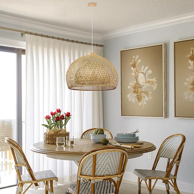 Arturesthome 23.6" Weaving Bamboo Pendant Light for Kitchen Island, Wicker Chandelier, Handmade Woven Hanging Ceiling Light Lampshade for Living Room Bedroom