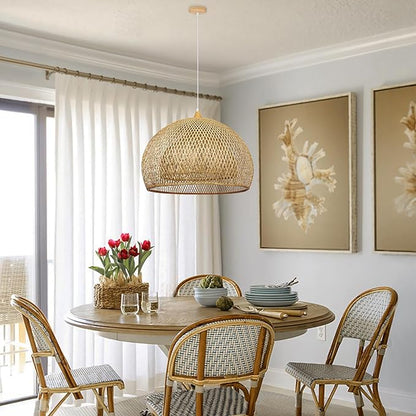 Arturesthome 23.6" Weaving Bamboo Pendant Light for Kitchen Island, Wicker Chandelier, Handmade Woven Hanging Ceiling Light Lampshade for Living Room Bedroom