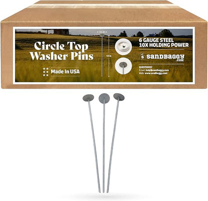 Sandbaggy 18-inch Circle Top Pins - Landscape Staples (Made in The USA) - Garden Stakes for Landscaping, SOD, Weed Barrier Fabric - Heavy Duty Ground Stakes, Lawn Turf Spikes, Decorations (100 Pins)