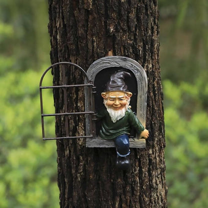 Gnome Open The Door Garden Decor Resin Tree Faces Decor Outdoor Fairy Garden Patio Lawn Porch (Grey)