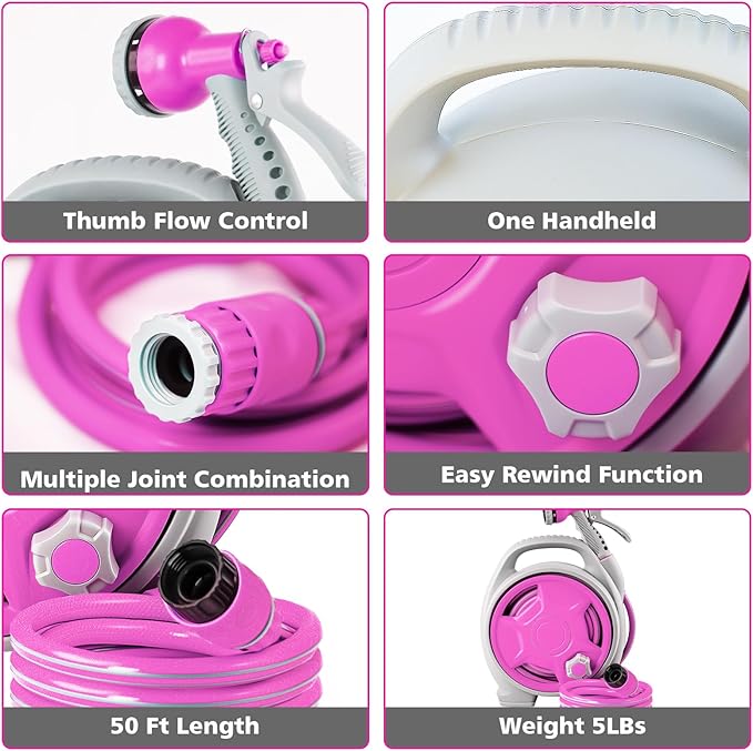 50FT Retractable Garden Hose Reel, Lightweight & Portable Hose Reel with 6 Patterns Spray Nozzle, Suitable for US Standard Hose Connection