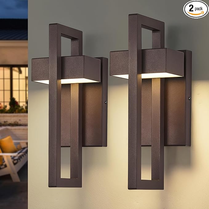 tewei Modern LED Outdoor Wall Sconce Brown Outdoor Lights for House, 13.7'' LED Exterior Lighting Fixtures Outside Wall Mount Lights for Front Porch Hallway, Warm White 3000K, 2 Pack