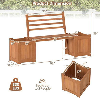 Outdoor Planter Box with Bench, Teak Oil Finish Wood Seat with 2 Open-Ended Base Garden Beds & Backrest, Decorative Plant Container for Yard, Balcony & Porch
