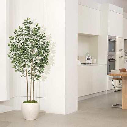 Ficus Tree Artificial - 6ft Artificial Ficus Trees Indoor with Natural Trunk and Lifelike Leaves - Fake Ficus Tree for Home Office Corner Indoor Decor
