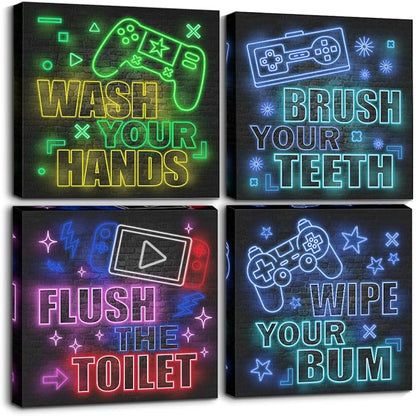 4 PCs Neon Gaming Wall Decor Canvas Wall Art Framed Art Game Room Decor Boys Room Decor Gaming Posters, Gamer Room Decor for Boys, Artwork for Walls Video Game Room Playroom Boys Bedroom Office Decor