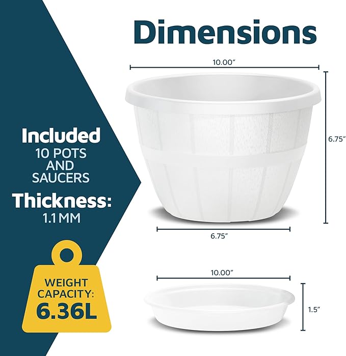 10-Inch Whiskey Barrel Planters Outdoor Pack of 10 - Durable Plastic Plant Pots for Indoor & Outdoor Use with Drainage & Saucer, Lightweight Rustic Barrel Planters for Flowers, Herbs & Small Plants