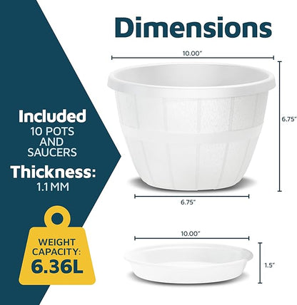 10-Inch Whiskey Barrel Planters Outdoor Pack of 10 - Durable Plastic Plant Pots for Indoor & Outdoor Use with Drainage & Saucer, Lightweight Rustic Barrel Planters for Flowers, Herbs & Small Plants