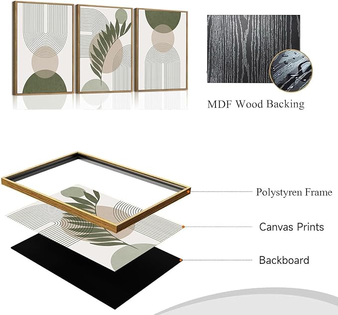 Bwodke Boho Wall Art, Framed Abstract Wall Art, Sage Green Canvas Wall Decor, Mid Century Line Leaf Geometric Pictures Set of 3, Minimalist Paintings, for Bedroom Living Room Bathroom 12"x16"