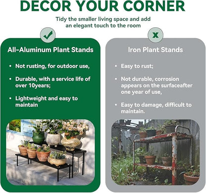 Metal Plant Stand, Rust-proof Aluminum Flower Pot Stand, Heavy Duty Planter Display Shelving for Patio Balcony Garden Living Room Decorative (Ebony, 23.6 Inch)