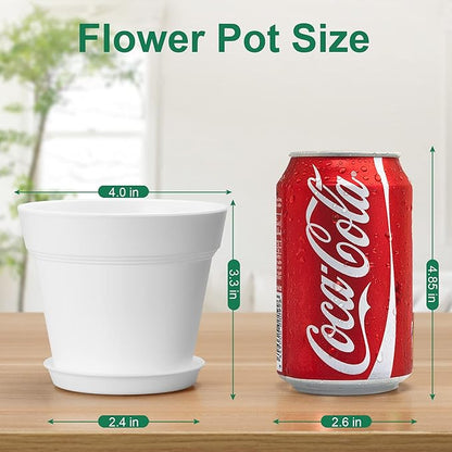 4 Inch Plastic Plant Pots 6 Pack, Small Flower Pots with Drainage Holes and Tray, Thickened Indoor Planters Seedlings Nursery Pots, African Violet, Succulent and All House Plants, White