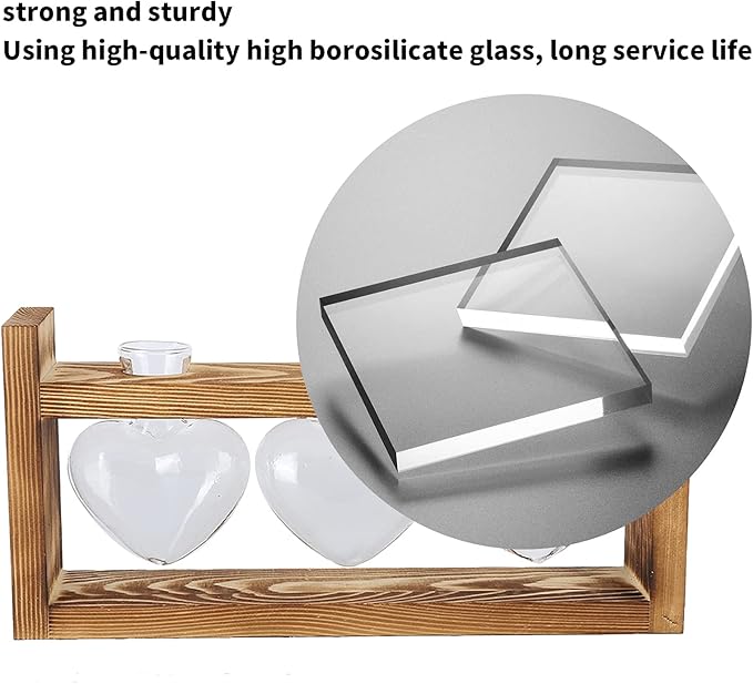 Plant Terrarium with Wooden Stand,Heart Shaped Transparent Glass Vase Flower Pot Hydroponics Plant Propagation Station for Hydroponics Plants Home Office Decor (Retro Box + 3