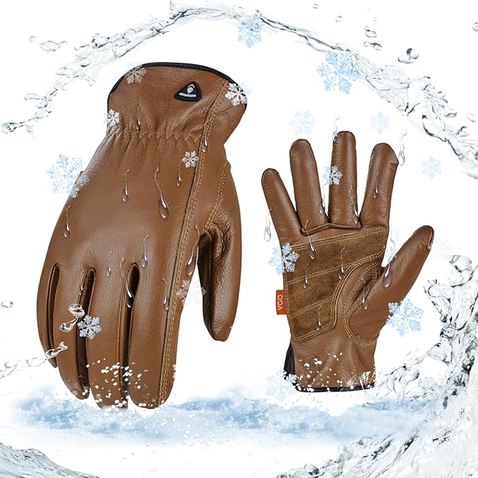 Vgo... 1Pair 0℃/32°F Winter Cow Grain Leather Work Gloves, Cold Weather Waterproof Safety Work Gloves(Size M,Brown,CA9597FLWP)