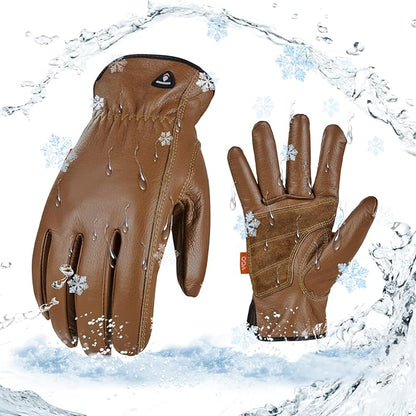 Vgo... 1Pair 0℃/32°F Winter Cow Grain Leather Work Gloves, Cold Weather Waterproof Safety Work Gloves(Size M,Brown,CA9597FLWP)