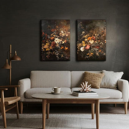 2pcs Vintage Dark Floral Canvas Wall Art Moody Autumn Floral Wall Decor Pictures Country Flowers Posters Prints Still Life Paintings for Farmhouse Living Room Bedroom Dining Room Decor 12x16 Inch