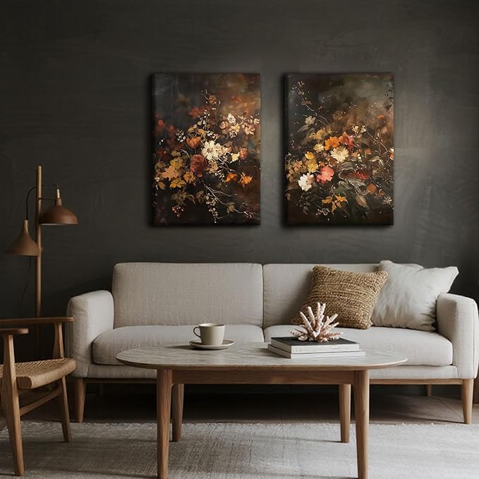 2pcs Vintage Dark Floral Canvas Wall Art Moody Autumn Floral Wall Decor Pictures Country Flowers Posters Prints Still Life Paintings for Farmhouse Living Room Bedroom Dining Room Decor 16x24 Inch