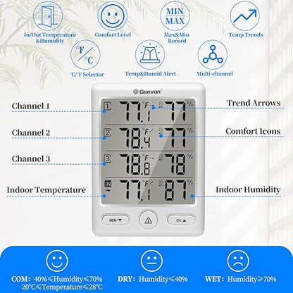 Geevon Indoor Outdoor Thermometer Wireless with 3 Remote Sensors, Digital Hygrometer Indoor Thermometer, Temperature Humidity Monitor Gauge with 200FT/60M Range (White)