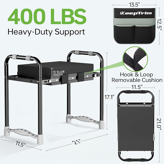 Garden Kneeler and Seat, Foldable Ergonomic Kneeling Bench with Tool Pouch 400 Lbs Heavy Duty 2-in-1 Comfortable Cushioned Kneeling Chair for Gardening Yard Work (Black)