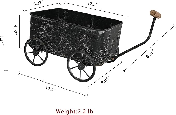 Flower Cart with Wooden Handles, Metal Wagon Planters for Outdoor Plants, Garden Planter with Wagon Wheels, Decorative Wheelbarrow, Plant Cart for Patio Garden Balcony (Black)