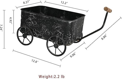 Flower Cart with Wooden Handles, Metal Wagon Planters for Outdoor Plants, Garden Planter with Wagon Wheels, Decorative Wheelbarrow, Plant Cart for Patio Garden Balcony (Black)