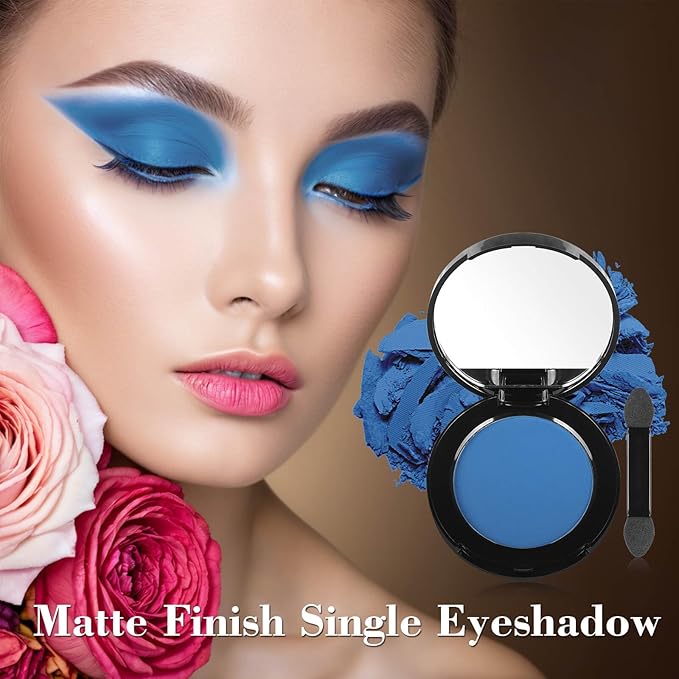 MEICOLY Single Blue Eyeshadow with Mirror and Mini Brush,Matte Eye Shadow Powder,High Pigment Eye Makeup,Waterproof Eyeshadow Palette,Talc-Free,Long Lasting,Blendable
