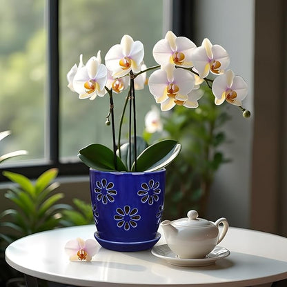Oairse 6 inch Orchid Pots with Holes, Royal Blue Ceramic Orchid Pot for Repotting Small Indoor Plant Pots with Drainage Holes and Saucers Decorative Flower Planter for Orchids, Indoor Plant