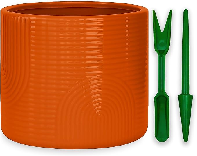 Elegant 6 Inch Ceramic Flower Pot – Indoor & Outdoor Planter for Succulents, Herbs, Small Plants – Includes Dibber & Widger – Thick-Walled Modern Design – Terracotta – 6" x 5.2"