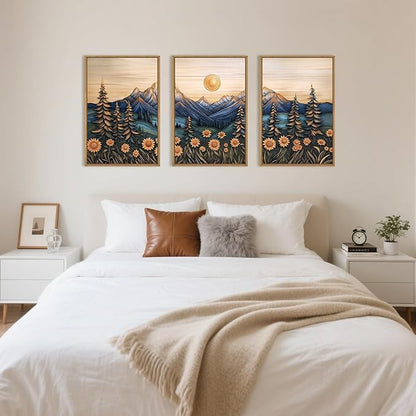 Aryroi Vintage Woodcut Style Mountain Framed Canvas Wall Art Set, Natural Forest Pine Tree Sunflower Wall Decor,Abstract Sunrise Botanical Landscape Artwork for Living Room,Bedroom,Office- 16"x24"x3