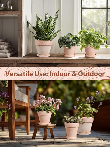 INGOFIN Terracotta Plant Pots 4.7/5.1/6.3 Inch Set of 3, Red White Clay Flower Pots with Drainage Holes & Tray Saucer, Breathable Garden Planters for Indoor Outdoor, Succulent, Cactus, Herbs