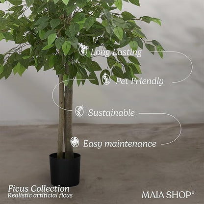 Maia Shop 3ft 5in Artificial Ficus Tree Plant for House, Apartment or Office – Realistic Fake Indoor Plants for Living Room, Kitchen, Bedroom, Entryway or Bathroom – Faux Greenery for Home Décor