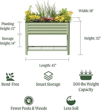 Elevated Raised Garden Bed- Slim Series, 1.5' x 3.5' Outdoor Planters Boxes with Legs & Storage Rack for Patio, 500 Lbs Weight Capacity, Raised Beds for Gardening Herbs Vegetables Flowers, Olive Green