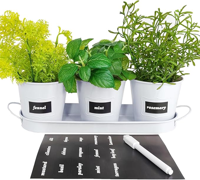 4" Herb Garden Planter Kit, Indoor Herb Planters with Tray, Set of 3 Metal Windowsill Pots for Flower Plants with Drainage Hole, Customizable Labels & Marker Pen, White