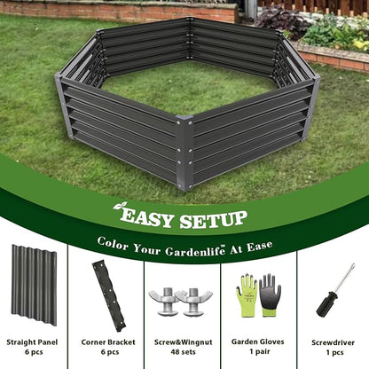 A ANLEOLIFE Hexagon Galvanized Metal Raised Garden Bed Outdoor, 70x60x18in Deep Metal Planter Box for Flowers, Herbs & Vegetables, 18'' Tall Decorative Raised Bed, Quartz Grey