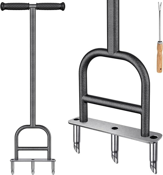 Dolibest Lawn Coring Aerator, Stainless Steel 3 Corer Plug Aerator Tool with Soft Rubber Grip, Manual Grass Aerating Tool, Garden Tool & Cleaning Hand Tool for Loosening Soil and Improving Lawn Health