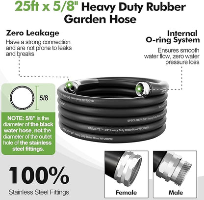 SPECILITE 5/8" Garden Hose 25 ft with High Flow Nozzle, Heavy Duty Flexible Hybrid Rubber Water Hose for Outdoor, Lightweight, Leak-Proof, No-Kink, 3/4"Stainless Steel Fittings,Black