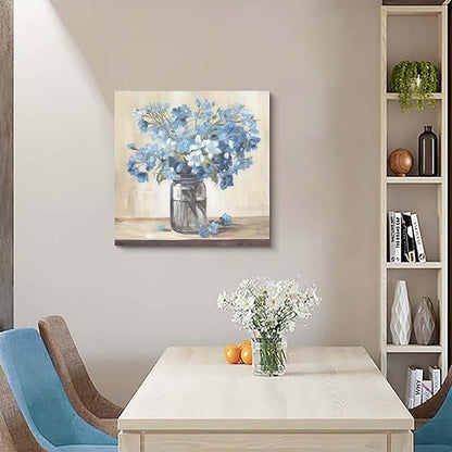 ArtSquare Blue Flower Pictures Wall Decor - Modern Floral Canvas Art Blossom in Vase Artwork Print for Living Room Bathroom 24x24 Inch