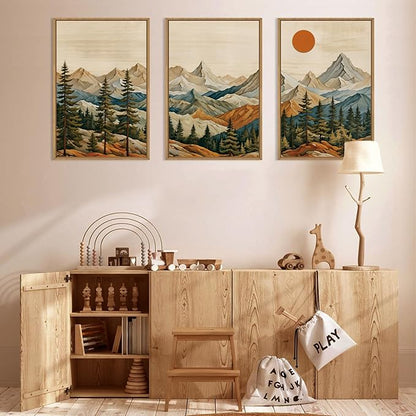 Ausril Boho Woodcut Mountain Framed Canvas Wall Art Set, Woodcut Pine Tree Wall Decor, Brown Wooden Forest Wall Painting, Vintage Mountain Sunrise Art Print for Living Room, Bedroom, Office 16"X24"X3