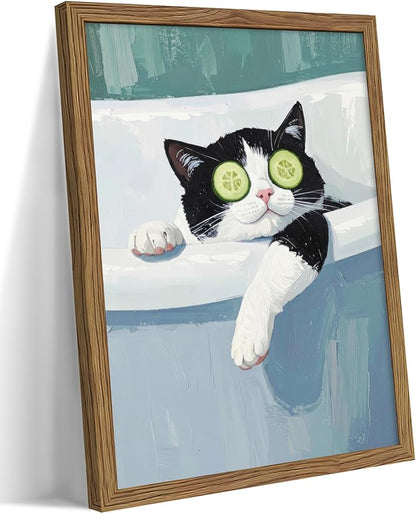 Framed Tuxedo Cat Canvas Wall Art, Bathroom Pictures Wall Decor, Funny Cat in Bath Poster Print, Modern Dark Humor Animal Painting Artwork for Bathroom Apartment Home Aesthetics – 8x10 inch