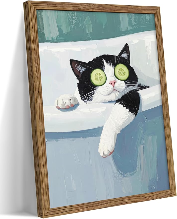 Framed Tuxedo Cat Canvas Wall Art, Bathroom Pictures Wall Decor, Funny Cat in Bath Poster Print, Modern Dark Humor Animal Painting Artwork for Bathroom Apartment Home Aesthetics – 12x16 inch
