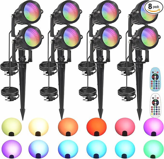 Halloween Christmas Spotlight Outdoor: 10W RGBW LED Landscape Lights Spot Lights Outdoor for Yard Garden Decor Spotlight, Landscape Lighting with 16 Color Changing and Remote IP68 Waterproof (8)