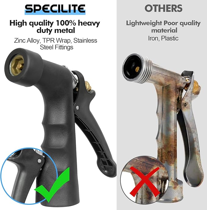 SPECILITE 3/4" Hot/Cold Garden Hose 25 ft with Industrial High Pressure Nozzle, Flexible & Lightweight, 600psi Burst Rubber Water hose -50℉-158℉ With 3/4" Brass Fittings for Yard, Black