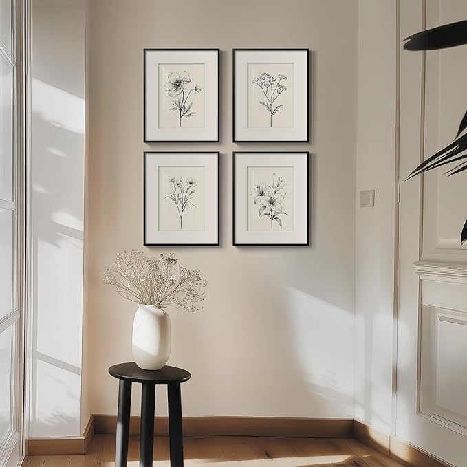 Framed Black and White Botanical Wall Art for Bathroom, Farmhouse Floral Plant Artwork for Bathroom Walls, 4 Piece Minimalist Vintage Picture Prints for Bedroom Kitchen Living Room Wall Decor, 8x10 In
