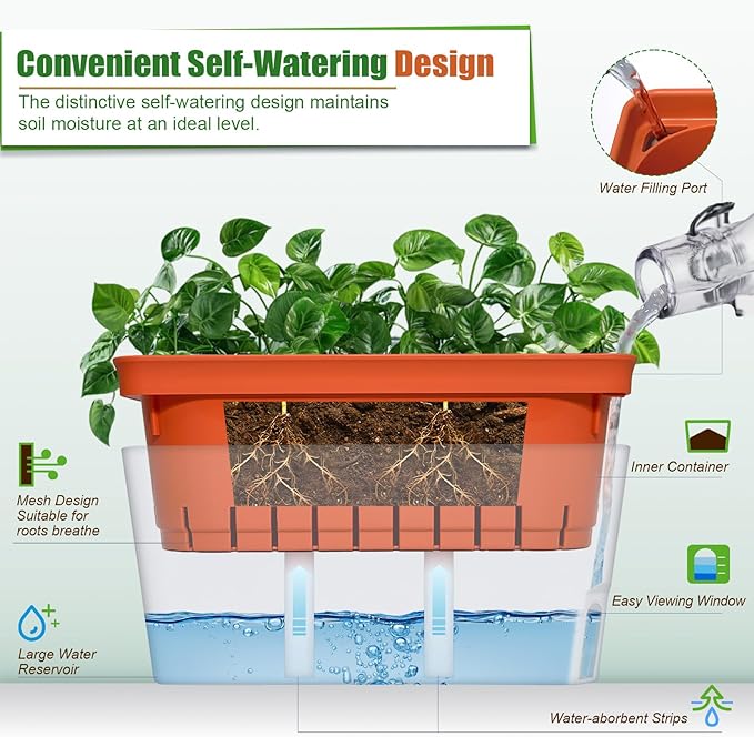 OurWarm Windowsill Herb Planter Box, Set of 3 Self Watering Plant Pots, 10.5 Inch Rectangular Planter Pot, Decorative Garden Flower Pots for Indoor Plants, Herbs, Vegetables, Flowers (3 Colors)