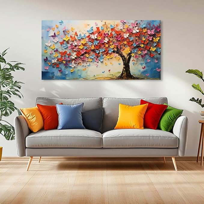 Butterfly Tree Canvas Wall Art Colorful Tree of Life Canvas Oil Painting Prints for Living Room Office Abstract Butterfies Tree Wall Décor Artwork Family Bedroom Farmhouse Décor,Ready to Hang (16x32 Inches)