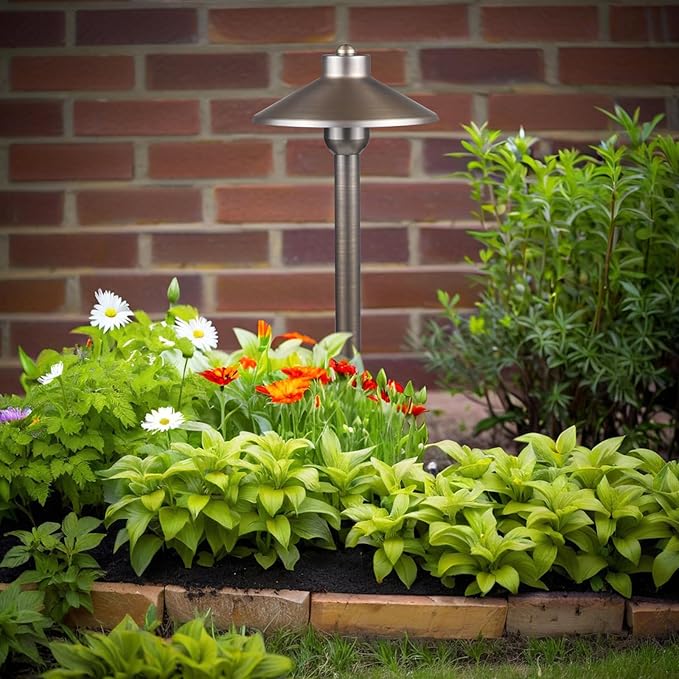 DOSHINE® Solid Brass Low Voltage Landscape Lighting Pathway Lights (7" Shade, 22" Tall) with Replaceable 3W G4 LED Bulb 3000K AC/DC 12V and Ground Stake for Outdoor Walkway Driveway (HAT, 6-Pack)