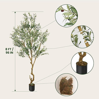 Artificial Fake Olive Tree 8FT Tall 1Pack Faux Silk Olive Tree for Home Living Room Office Decor Faux Artificial Plants Indoor Fake Potted Plants with Fruit & Free Moss
