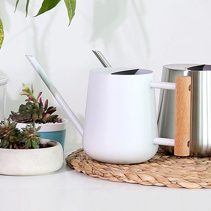 1L/33.8oz Wood Handle Long Spout Watering Can Stainless Steel Plant Watering Pot Garden Green Plant Flower Watering Kettle for Indoor Outdoor Plants Garden Flower (White)