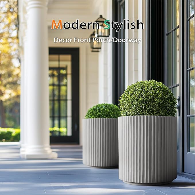 Round Concrete Planter Outdoor Indoor, Large Cement Plant Pots for Flowers (Vertical Gray, 12 inch)