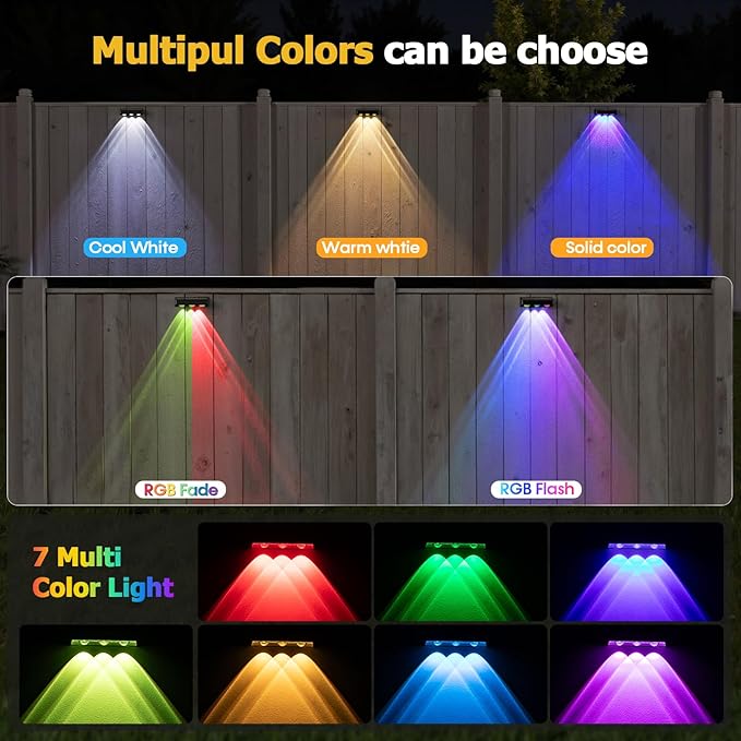NIORSUN Solar Fence Lights,8 Pack Solars Deck Light,RGB Color,Outdoor Bulb Waterproof Led IP65,Outdoor Fence Light,Power Patio Lamp with Lenses for Outside/Backyard/Railing/Yard(Black)