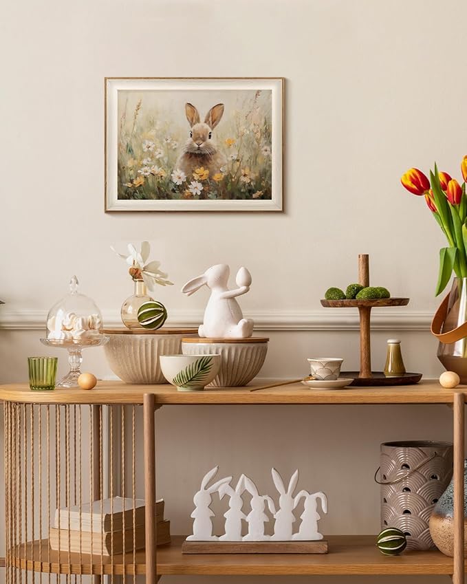InSimSea Framed Canvas Wall Art Funny Easter Bunny Prints Wall Decor Cute Rabbit in Wildflowers Aesthetic Room Décor Floral Spring Artwork for Kids Room, Living Room, Bedroom or Festive Spaces 12x16In